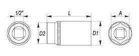 Vnitřní nástrčný klíč hluboký 1/2" šestihranný 22 mm YATO - YT-1235