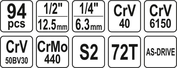 Gola sada 1/4" a 1/2", 94 ks - YT-12681