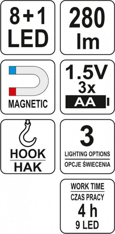 Lampa montážní 8+1 LED, hák+magnet - YT-08513