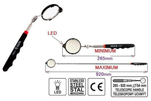 Zrcátko kontrolní teleskopické s LED osvětlením 265-920mm - YT-0663