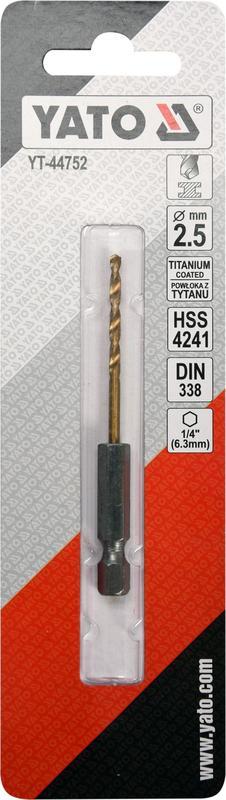 Vrták na kov 2,5mm TITAN HEX 1/4", délka 80mm - YT-44752