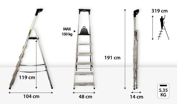Hliníkový žebřík s policí, 6 stupňů, 3,19m, max. zátěž 150 kg