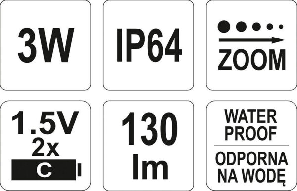 Svítilna BIGGEST voděodolná IP64, fce ZOOM, 100lm, 2xC, 228x47mm