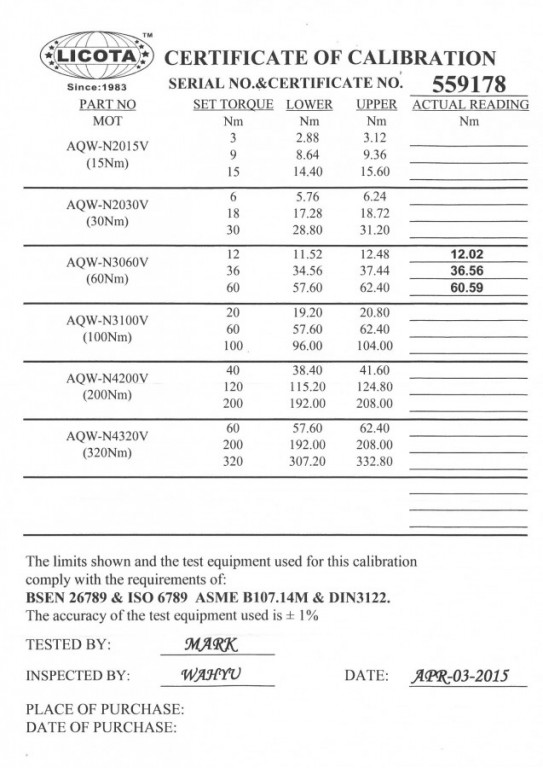 Momentový klíč LICOTA 3/8" s certifikátem, 12-60 Nm - LIN3060