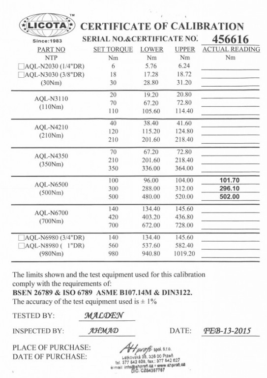 100 - 500 Nm - 865 mm - LIN6500