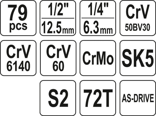 Gola sada 1/2", 1/4'' + příslušenství 79 ks - YT-38911