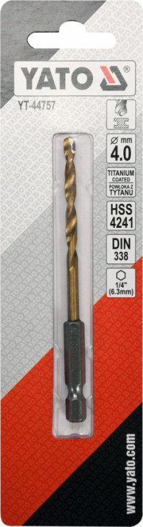 Vrták na kov 4mm TITAN HEX 1/4", délka 95mm - YT-44757