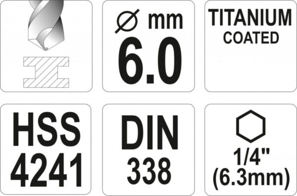Vrták na kov 6mm TITAN HEX 1/4", délka 113mm - YT-44764