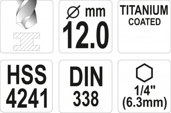 Vrták na kov 12mm TITAN HEX 1/4", délka 151mm - YT-44774