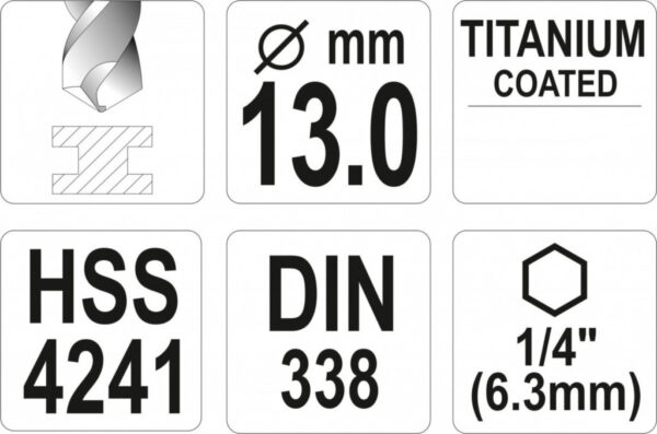 Vrták na kov 13mm TITAN HEX 1/4", délka 151mm - YT-44776