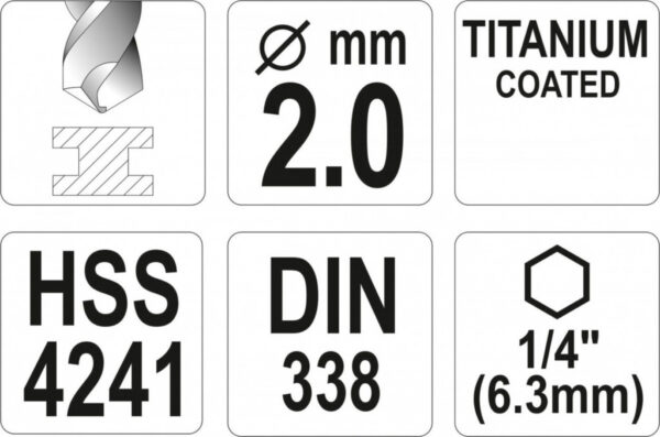 Vrták na kov 2mm TITAN HEX 1/4", délka 72mm - YT-44751