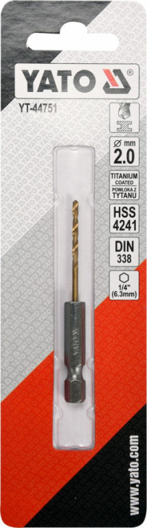 Vrták na kov 2mm TITAN HEX 1/4", délka 72mm - YT-44751
