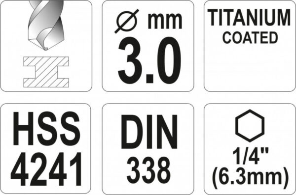 Vrták na kov 3mm TITAN HEX 1/4", délka 81mm - YT-44754