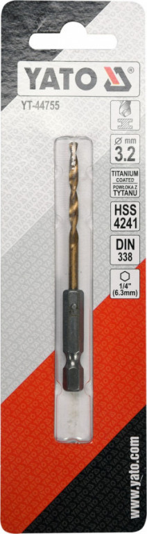 Vrták na kov 3,2mm TITAN HEX 1/4", délka 85mm - YT-44755