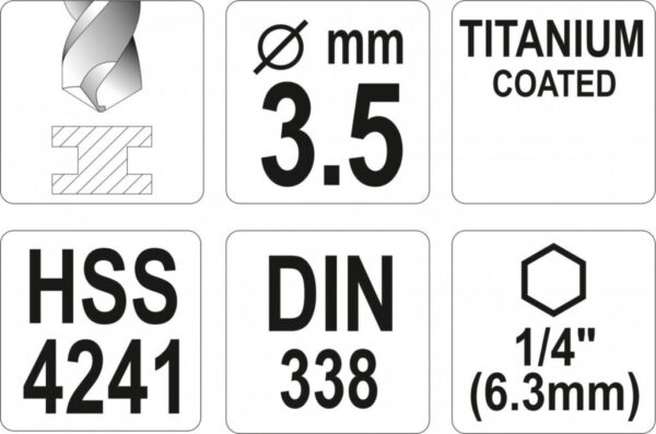 Vrták na kov 3,5mm TITAN HEX 1/4", délka 90mm - YT-44756