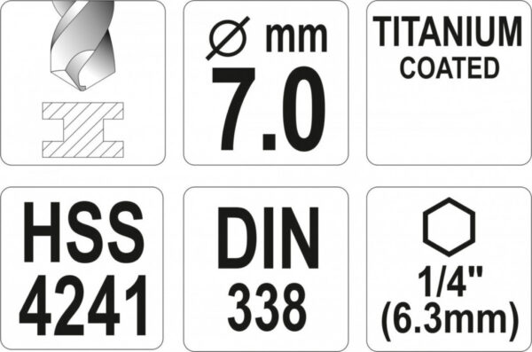 Vrták na kov 7mm TITAN HEX 1/4", délka 109mm - YT-44766