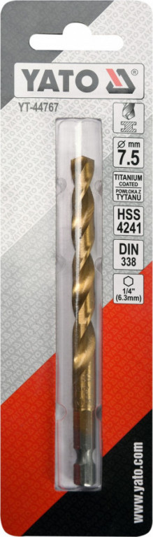 Vrták na kov 7,5mm TITAN HEX 1/4", délka 109mm - YT-44767