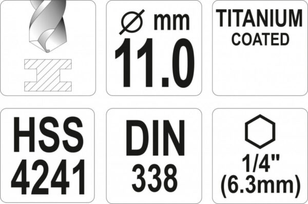 Vrták na kov 11mm TITAN HEX 1/4", délka 142mm - YT-44773