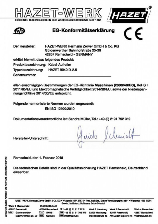 Samonavíjecí prodlužovací kabel (buben) 20m 9040D-2.5 HAZET - HA214631