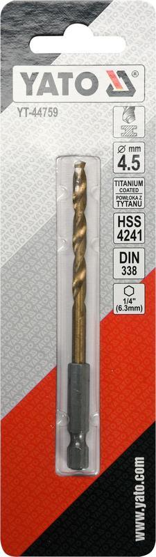 Vrták na kov 4,5mm TITAN HEX 1/4", délka 100mm - YT-44759