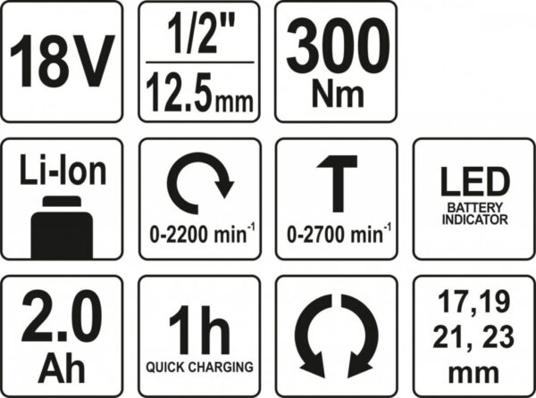 Rázový utahovák AKU 1/2" 18V 300Nm - YT-82804