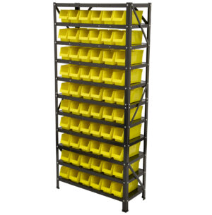 Kovový regál s plastovými boxy